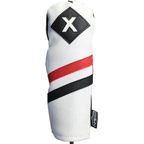 Majek Retro Golf Headcover White Red and Black Vintage Leather Style X Fairway Wood Head Cover Classic Look, Wheel Tag Includes Numbers 3 through 7 plus X