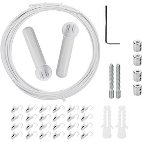 Wealrit Wall Mount Curtain Wire Rod Set with 24 Hanging Clips 16.4 Ft Stainless Steel Picture Hanging Wire Clothesline Wire(Black)