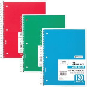 Mead Spiral Notebooks, 3 Subject, Wide Ruled Paper, 120 Sheets, 10-1/2" x 7-1/2", Red, Green, Blue, 3 Pack (73179)