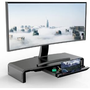 Monitor Stand Riser, Foldable Computer Laptop Riser Shelf with Organizer Drawer, Adjustable Length, Speaker TV PC Laptop Computer Screen Riser Desk Organizer, EURPMASK(Black) in Saudi Arabia