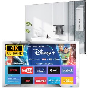 Haocrown 32 Inch Smart Bathroom TV 4K Ultra HD Android TV IP66 Waterproof Smart Mirror TV Google Assistant Built-in with Voice Remote,ATSC Tuner, Suitable for Bathroom Sauna(Black Frame,2024 Model)
