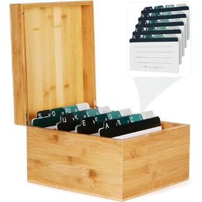 MaxGear Business Card Holder, 5 x 8 Inches Index Card Organizer Box for Desk with 4 Divider Boards, Note Card Holders Wooden Card Holder Holds 600 Cards, Bamboo, A-Z Tabs, 10 x 9.3 x 6.1 Inches