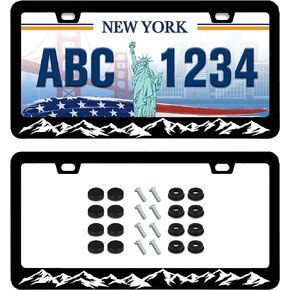 Mountain License Plate Frame Mountains Scenery Stainless Steel License Plate Frame Black White Rust-Proof Auto Parts Decoration with Screws License Plate Cover for Men Women Youth 12x6 Inch