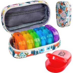 Serfeymi Weekly Travel Pill Organizer 2 Times A Day AM PM Upgraded Rainbow Pill Box 7 Day with Portable Zipper PU Leather Pill Case, Medicine Organizer for Pills, Vitamins, Fish Oils - Floral 03