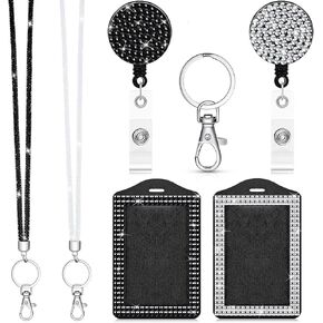 Chinco 2 Set Rhinestone Bling Lanyards for ID Badges Holder Crystal ID Card Holder Retractable Lanyard with Metal Clasp Key Ring for Women Office School Travel(Black, White)