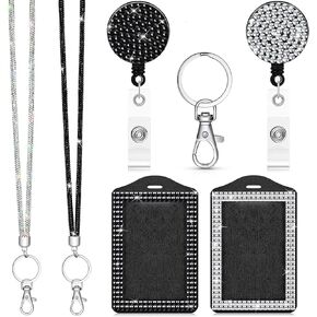 Chinco 2 Set Rhinestone Bling Lanyards for ID Badges Holder Crystal ID Card Holder Retractable Lanyard with Metal Clasp Key Ring for Women Office School Travel(Black, White)