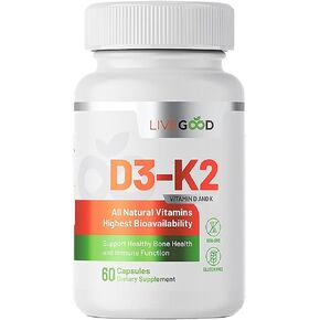 LIVEGOOD™ Vitamin D3 + K2 All Natural Bone, Muscle & Immune System Support, Vegan & Non-GMO, 60 Capsules