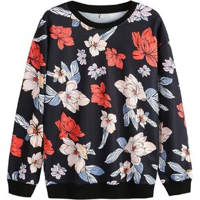 Women Floral Print Crewnecks Sweatshirts Spring Casual Loose Sports Black Pullover Tops