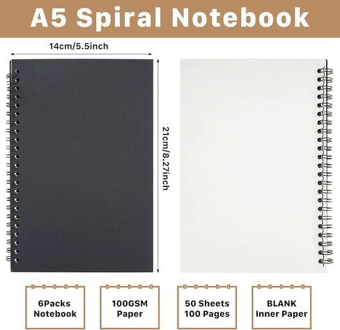 Unlined Spiral Notebook,14Pack A5 Blank Spiral Notebook,100 Pages Blank Notebook Blank Journal,Blank Sketch Book Pad,Soft Cover Kraft Memo Notepads,50 Sheets for School Travel Office Supplies (Black) in Kuwait