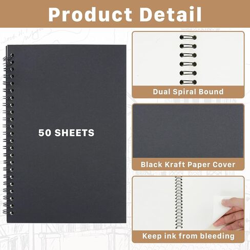 Unlined Spiral Notebook,14Pack A5 Blank Spiral Notebook,100 Pages Blank Notebook Blank Journal,Blank Sketch Book Pad,Soft Cover Kraft Memo Notepads,50 Sheets for School Travel Office Supplies (Black) in Kuwait