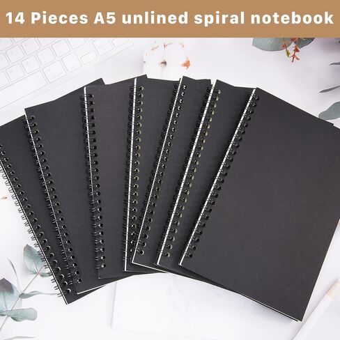 Unlined Spiral Notebook,14Pack A5 Blank Spiral Notebook,100 Pages Blank Notebook Blank Journal,Blank Sketch Book Pad,Soft Cover Kraft Memo Notepads,50 Sheets for School Travel Office Supplies (Black) in Kuwait