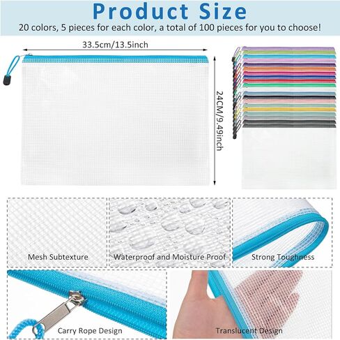 Fulmoon 100 Pcs Mesh Zipper Pouch Bag Bulk Waterproof PVC Storage Pouch Multipurpose Travel Pouch for Organization Letter Zipper Mesh Bag for Classroom Office Supplies (Mixed Colors,13.5 x 9.49 Inch) in Saudi Arabia