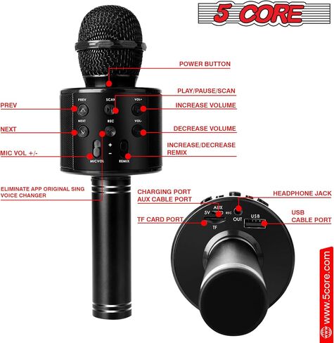 5 CORE Bluetooth Wireless Karaoke Microphone All-in-One Premium Handheld Karaoke Mic Speaker Recorder Player w/Adjustable Remix FM Radio Great Gifts for Girls Boys Adults All Age Golden WM SPK GLD in Saudi Arabia