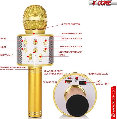 5 CORE Bluetooth Wireless Karaoke Microphone All-in-One Premium Handheld Karaoke Mic Speaker Recorder Player w/Adjustable Remix FM Radio Great Gifts for Girls Boys Adults All Age Golden WM SPK GLD in Saudi Arabia