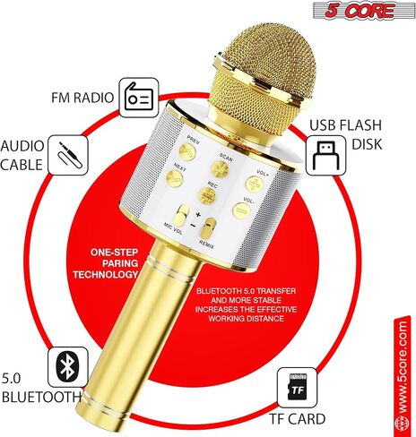 5 CORE Bluetooth Wireless Karaoke Microphone All-in-One Premium Handheld Karaoke Mic Speaker Recorder Player w/Adjustable Remix FM Radio Great Gifts for Girls Boys Adults All Age Golden WM SPK GLD in Saudi Arabia