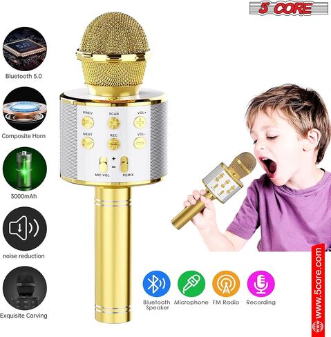 5 CORE Bluetooth Wireless Karaoke Microphone All-in-One Premium Handheld Karaoke Mic Speaker Recorder Player w/Adjustable Remix FM Radio Great Gifts for Girls Boys Adults All Age Golden WM SPK GLD in Saudi Arabia