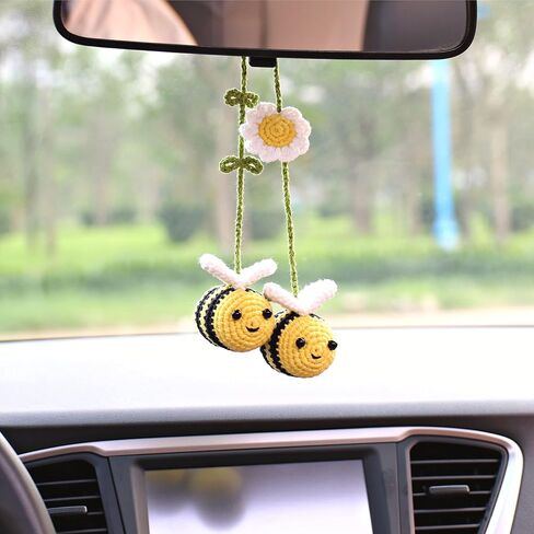 Bunny Crochet Bee Car Rear View Mirror Holder, Cute Bumblebee Car Hanging Ornament, A Gift for Bee Lovers Car Hanging, Crochet Lovely Bee Bag Ornament, Automotive Interior Decorations in Saudi Arabia