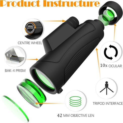 10X42 Lightweight Monoculars for Adults Night Vision Monocular Portable Telescope Adapter and Sturdy Tripod - Waterproof Monoculars -BAK4 Prism FMC for Bird Watching Hunting Binoculars in Kuwait