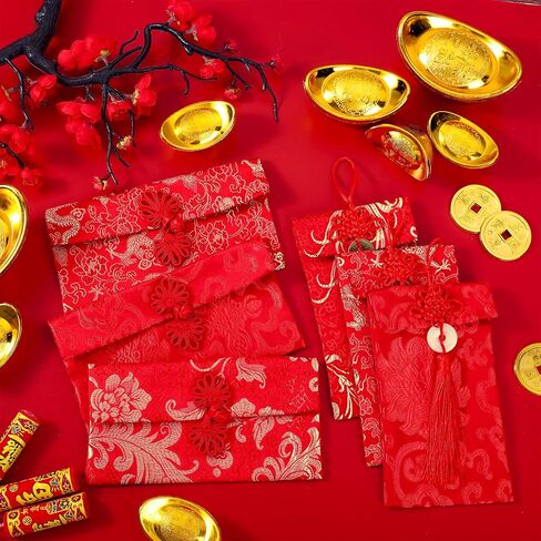 24 Pieces Chinese Red Envelopes Chinese New Year Envelopes Silk Red Envelopes HongBao Lucky Money Pockets Red Embroidery Envelopes with Knot for New Year Birthday Wedding Gift (Stylish) in Saudi Arabia