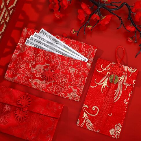 24 Pieces Chinese Red Envelopes Chinese New Year Envelopes Silk Red Envelopes HongBao Lucky Money Pockets Red Embroidery Envelopes with Knot for New Year Birthday Wedding Gift (Stylish) in Saudi Arabia