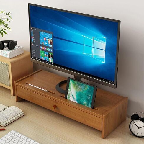 Monitor Stand Riser, Bamboo Monitor Stand, Computer Monitor Stand for Desk with Drawer, Desktop Ergonomic Monitor Stand Riser with Cellphone Holder, Desktop Organizer Stand for Laptop,TV, Printer in Kuwait