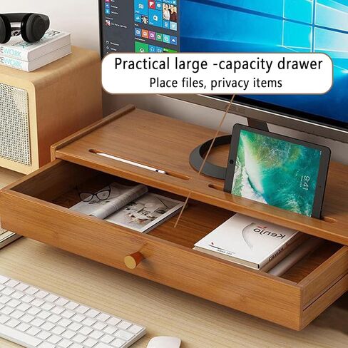 Monitor Stand Riser, Bamboo Monitor Stand, Computer Monitor Stand for Desk with Drawer, Desktop Ergonomic Monitor Stand Riser with Cellphone Holder, Desktop Organizer Stand for Laptop,TV, Printer in Kuwait