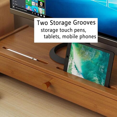 Monitor Stand Riser, Bamboo Monitor Stand, Computer Monitor Stand for Desk with Drawer, Desktop Ergonomic Monitor Stand Riser with Cellphone Holder, Desktop Organizer Stand for Laptop,TV, Printer in Kuwait