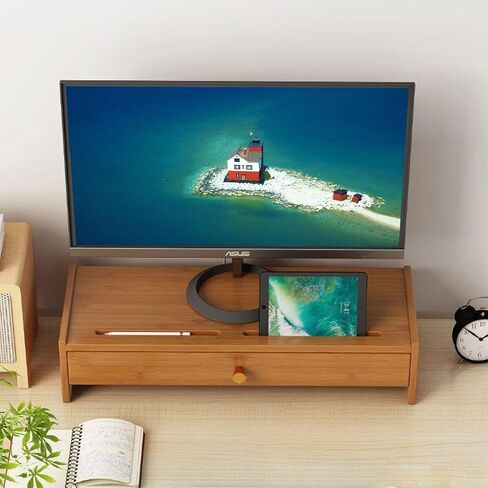 Monitor Stand Riser, Bamboo Monitor Stand, Computer Monitor Stand for Desk with Drawer, Desktop Ergonomic Monitor Stand Riser with Cellphone Holder, Desktop Organizer Stand for Laptop,TV, Printer in Kuwait