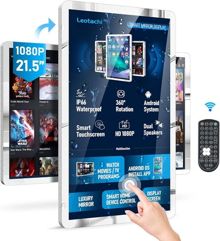 21.5 inch Touch Screen Mirror IP66 Waterproof TV for Bathroom Shower - Support 360° Rotation, 500 nits High Brightness Full HD 1080P LED Built-in Android OS WiFi/LAN/USB/BT/HDMI(Silver) in Saudi Arabia