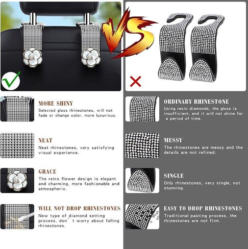 2 Pieces Bling Car Hooks Car Seat Hooks Car Hooks for Purses and Bags Car Purse Hook Headrest Purse Hook for Car Bling Car Seat Headrest Hooks for Car Witih Diamond (White) in Saudi Arabia