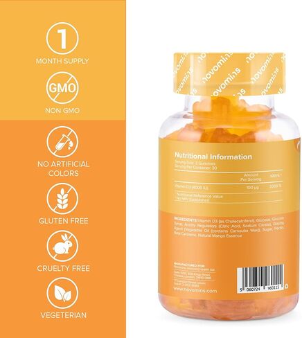 صمغ فيتامين د من نوفومين - مكمل حلوى 4000 وحدة دولية - نباتي، خالي من الغلوتين وغير معدل وراثيًا - لصحة العظام والعضلات والأسنان والجهاز المناعي - للبالغين والرجال والنساء in Kuwait