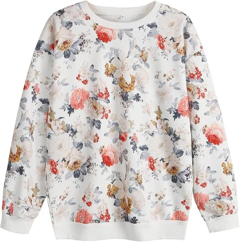 Women Floral Print Crewnecks Sweatshirts Spring Casual Loose Sports Black Pullover Tops in Saudi Arabia