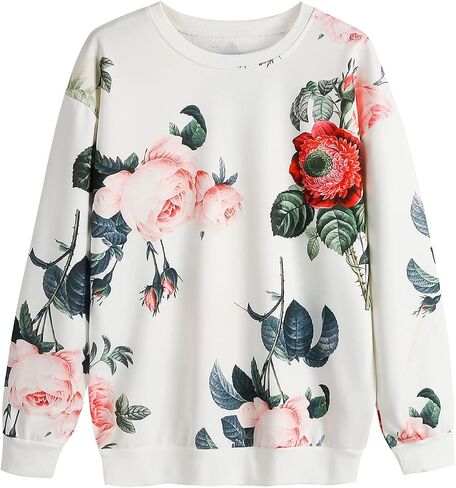 Women Floral Print Crewnecks Sweatshirts Spring Casual Loose Sports Black Pullover Tops in Saudi Arabia