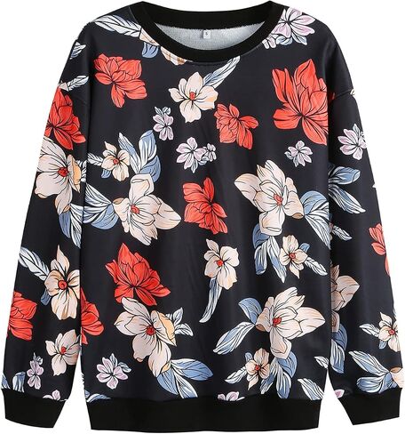 Women Floral Print Crewnecks Sweatshirts Spring Casual Loose Sports Black Pullover Tops in Saudi Arabia