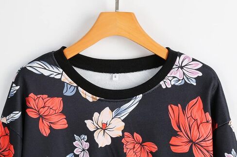 Women Floral Print Crewnecks Sweatshirts Spring Casual Loose Sports Black Pullover Tops in Saudi Arabia