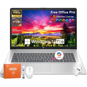 HP 2025 17 inch Business Laptop, Copilot AI, AMD Ryzen 5 7520u, 8GB DDR5 RAM 5500 MHz, 512 GB SSD, AMD Radeon CPU, 17.3" FHD Anti-glare, Wi-Fi 6, Office Lifetime License, Windows 11 Pro, w/Accessories