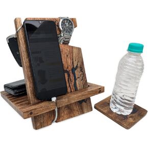 Wood Phone Docking Station for Men - Nightstand Organizer Key Holder, Wallet, Watch Stand for Men, Dad - Anniversary Idea from Wife