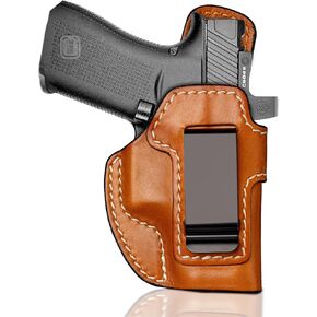 Premium IWB Leather Holster for Glock 43, Glock 43X, Glock 43X MOS, Concealed Carry Holster with Optic Cut, Steel Clip Fits 1.75" Belt, Inside Waistband Holster, Classic Brown Color, Right/Left Hand