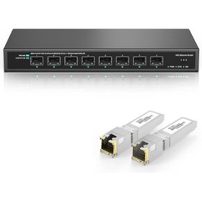 8 Port 10Gb SFP+ Fiber Switch Unmanaged with 2 x 10Gb SFP+ to RJ45 Modules 98Ft(30m) | Multi-Gigabit 10G-2.5G-1G | Fanless | 160G Bandwidth | Plug & Play | Metal Casing NO Rack Mount | NO Jumbo Frames