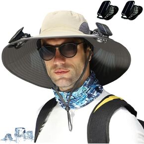 Solar Fan Hat, Wide Brim Solar Powered Fan Hat for Men Women, USB Charging UPF 50+ Fishing & Beach Sombrero Sun Cap