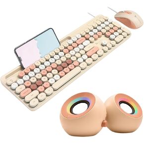 X9 Soft Glow Desk Set – Wired Backlit Pastel Keyboard & Mouse + RGB Bluetooth Marble Speakers for PC and Laptop