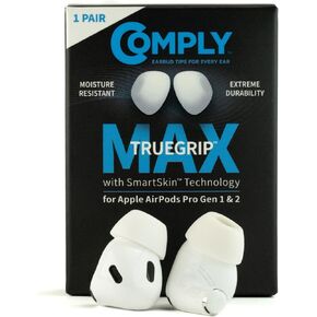 Comply TrueGrip MAX | Premium Memory Foam Replacement Earbud Tips for Apple AirPods Pro 1 & 2 | Long Lasting Comfort, Extreme Durability, Secure Fit, Superior Noise Isolation| White (Medium) (1 Pair)