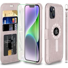 VANAVAGY Wallet Case Compatible for iPhone 14 Pro Max for Magsafe,RFID Flip PU Leather Cover with Wrist Supports Wireless Charging with Card Holder Glass Screen Protector,Clove Purple