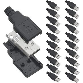 Oiyagai 20-Pack USB 2.0 Type-A Male Connector – 4-Pin Solder Type Plug with Protective Shell for DIY Cables and Repair