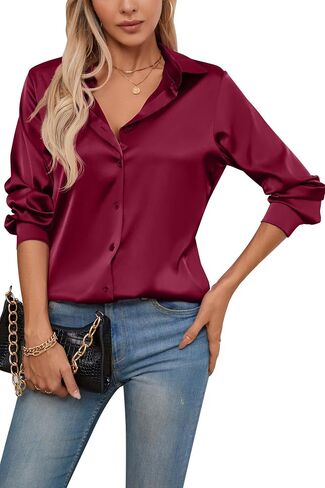 Womens Satin Silk Button Down Shirts Long Sleeve Blouse Casual Work Office Tops in Saudi Arabia