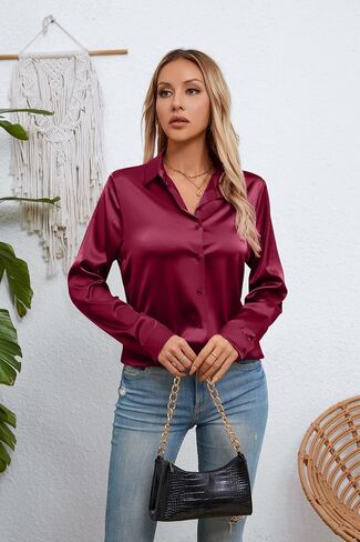 Womens Satin Silk Button Down Shirts Long Sleeve Blouse Casual Work Office Tops in Saudi Arabia
