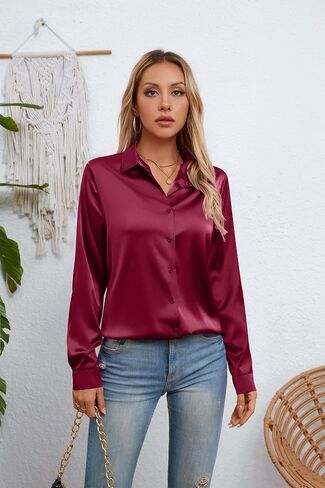 Womens Satin Silk Button Down Shirts Long Sleeve Blouse Casual Work Office Tops in Saudi Arabia