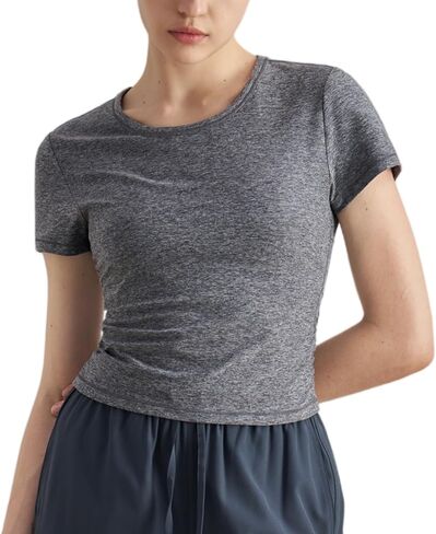 تي شيرت ألتيلاند مضلع برقبة عالية للتمرين للنساء، قمصان رياضية قصيرة لتمارين اليوغا والجري in Kuwait