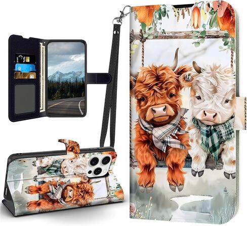 for iPhone 16 Pro Max Case, Flip PU Leather Shockproof Cute Highland Cow Phone Case for iPhone 16 Pro Max, Magnetic Clasp Phone Wallet Kickstand with Card Holder Screen Protector in Saudi Arabia
