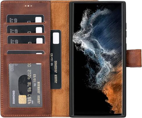 Genuine Premium Leather Wallet Case Compatible Galaxy S23 Ultra - Handmade - Detachable Strong Magnetic Flip Cover with Card Holders and Kickstand - Perfect Protection for All Edges (Brown) in Kuwait